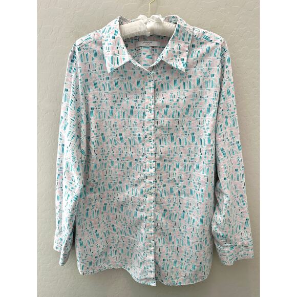 FOXCROFT | Non-Iron Cotton Button Up Shirt Pink Teal Abstract Print Blouse | 20W - Picture 1 of 7